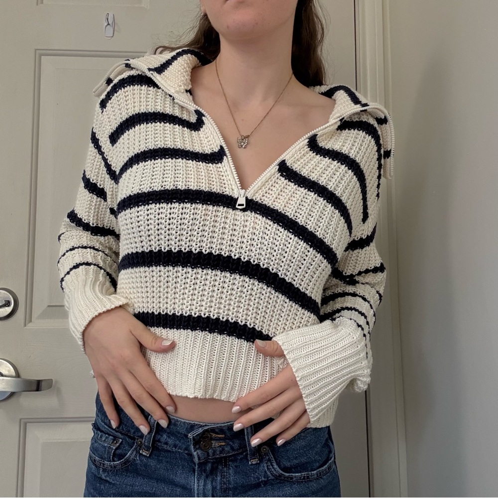 American Eagle Cowl Neck Quarter Zip Crochet Sweater - Navy and White Stripes